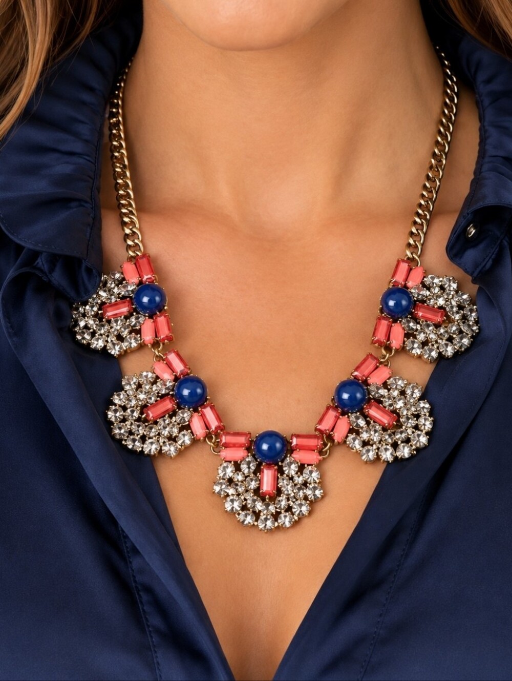 J. Crew Statement Necklace Navy Cabachons Oxidized Brass Coral Clear Rhinestone